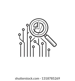 Circuit board under magnifier hand drawn outline doodle icon. Data analysis, data insight, data mining concept. Vector sketch illustration for print, web, mobile and infographics on white background.