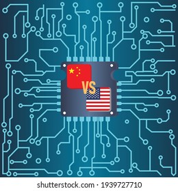 Circuit Board With USA Vs China Flag Vector Background.