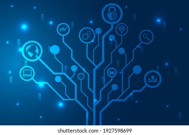 Circuit board with various technology elements, Digital technology background, Internet connection concept. vector illustration