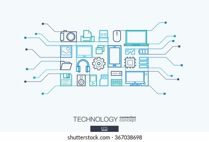  Circuit board vector background, with connected flat design icons. Illustration for digital, internet, network, social media, cloud, global concepts. Technology integrated thin line symbols.