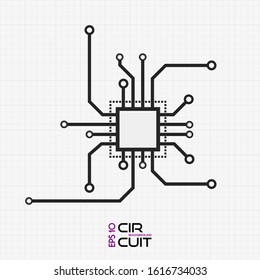 Circuit board vector chip icon on black grid. Abstract flat vector CPU illustration. Vector GPU icon on grid.