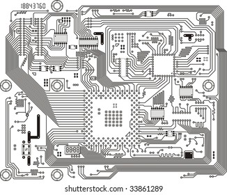 Circuit Board Vector Computer Drawing. Electronic Motherboard With Chips.