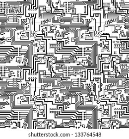 Circuit board vector computer seamless technological background - electronic black and white pattern