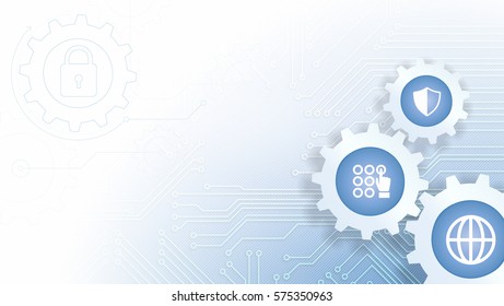 Circuit Board Vector Illustration with Cogwheels and Internet Security and Protection Icons