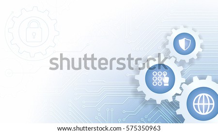 Circuit Board Vector Illustration with Cogwheels and Internet Security and Protection Icons