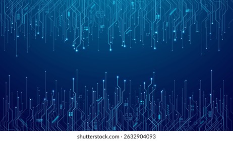 Circuit board wires with electric wires on technology blue background. Abstract circuit pattern. Technology futuristic bg. AI semiconductor concept. Connected light dots and lines. Digital vector.