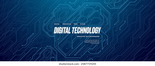 Circuit board wires in light blue on dark navy futuristic technology background. Artificial Intelligence banner concept. Abstract AI tech bg. Digital line pattern. Electronics Vector illustration.