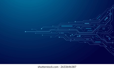Circuit board wires and light elements on technology blue background. Abstract electronics innovation concept. AI chip and semiconductors. Design for web, banner, and presentation. Vector bg 
