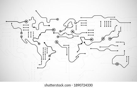 Circuit board world map shape - abstract technology background vector - lines and dots on white background