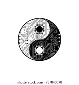 Circuit board in yin yang background in black and white, technology illustration, vector yin yang illustration