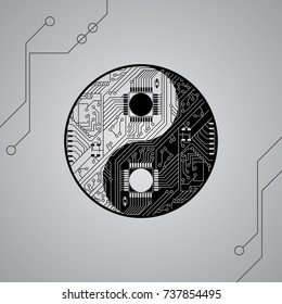 Circuit board in Yin Yang symbol, background in black and white, technology vector illustration, Yin Yang symbol illustration