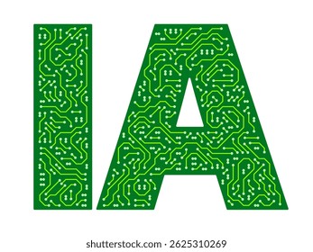 Circuit boards in shape of IA letters. 'Artificial Intelligence' in French, Spanish, Portuguese, Italian, Romanian.