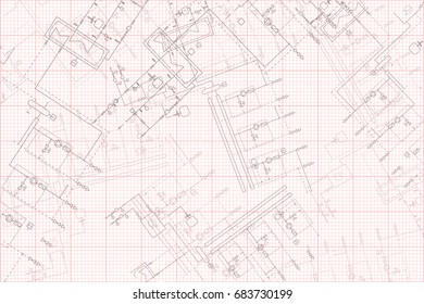 Circuit boiler on graph paper background with valves, pipes and pump. Steamshop engineering project vector illustration.