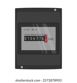 Circuit breaker box with mounted energy meter. Power consumption monitor with mechanical counter. Vector illustration isolated on white