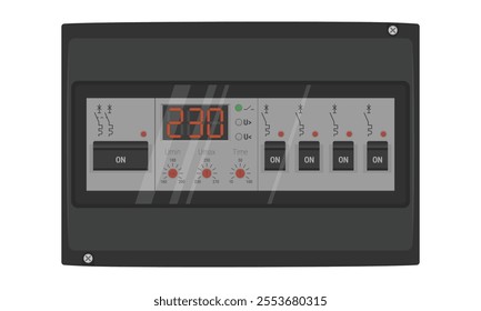 Circuit breaker box with semi transparent door. Black switchboard with installed voltage relay and circuit breakers