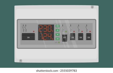 Circuit breaker box with semi transparent door. White switchboard with installed voltage relay and circuit breakers. Vector illustration, EPS10