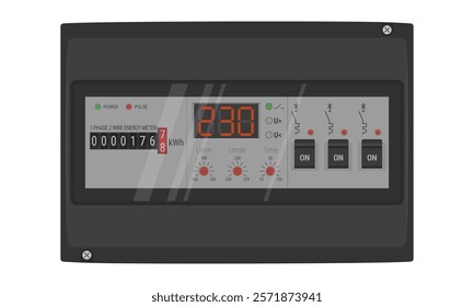 Circuit breaker box with semi transparent door. Black switchboard with installed energy meter, voltage relay and circuit breakers. Vector illustration