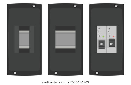 Circuit breaker box. Set of power distribution boxes for DIN equipment. Vector illustration in flat style