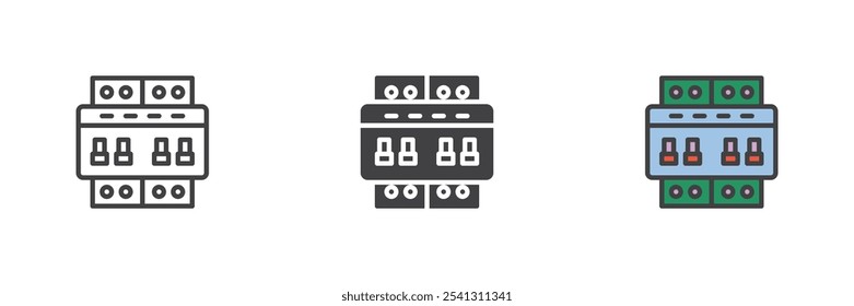 Conjunto de ícones de estilo diferente do disjuntor. Linha, glifo e preenchido esboço versão colorida, contorno e sinal de vetor preenchido. Símbolo do dispositivo de segurança elétrica, ilustração do logotipo. Gráficos vetoriais