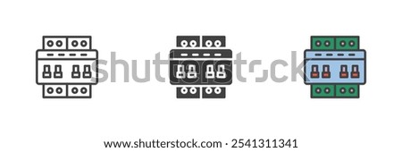 Circuit breaker different style icon set. Line, glyph and filled outline colorful version, outline and filled vector sign. Electrical safety device symbol, logo illustration. Vector graphics