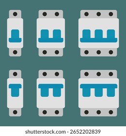 Conjunto de ícones do disjuntor. Símbolos elétricos minimalistas para esquemas CAD, aplicativos domésticos inteligentes e manuais de eletricistas. Vetor plano EPS10