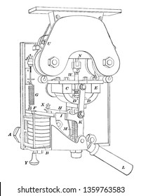 Interruptor de circuito como los encontrados en una centralita ferroviaria que se utiliza para encender y apagar el circuito de un campo magnético, dibujo de línea vintage o ilustración de grabado.
