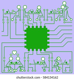 Circuit Cafe with figures in various relationships and various modes of communication.
