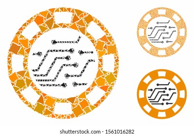 Circuit casino chip composition of abrupt items in variable sizes and color tints, based on circuit casino chip icon. Vector abrupt elements are grouped into collage.
