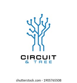 Circuit Chip Board Digital Artificial Intelligence with Tree Line Art Logo Design Vector