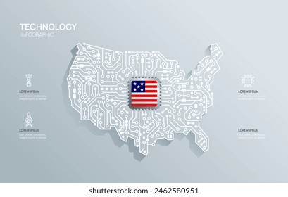 Circuit chip board semiconductor technology infographic. infograph circuit board USA map shape concept background. Vector illustration.