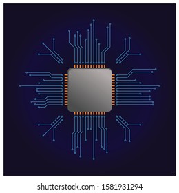 Circuit chip on board. Electronic circuit board vector. Computer hardware technology concept. 