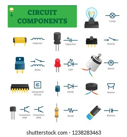 Circuit components vector illustration. List with electric technology parts like inductor, relay, integrated circuit, diode or transistor. Isolated tech scheme symbols. Digital hardware engineering.