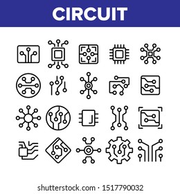 Circuit Computer Chip Collection Icons Set Vector Thin Line. Different Electronic Circuit And Electronic Module, Processor And Micro-scheme Concept Linear Pictograms. Monochrome Contour Illustrations