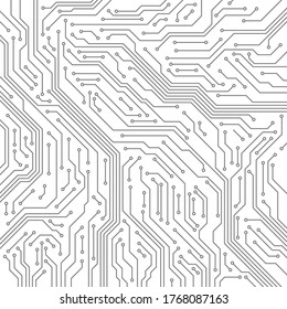 Circuit. Computer motherboard, microchip electronic technology. Hardware circuits board line vector texture. High tech pc processor abstract background with lines and dots illustration.