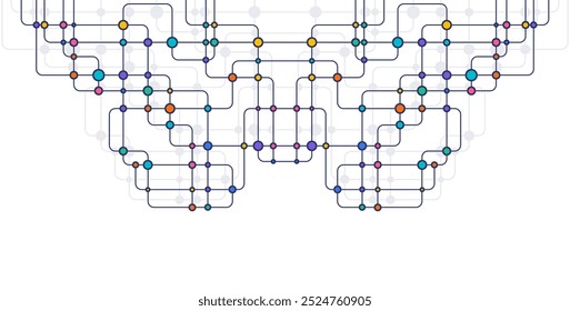 Circuito de conexión de líneas y puntos. Tecnología de red y concepto de conexión. Conexiones de nodos de red descentralizados
