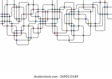 Circuito de conexión de líneas y puntos. Tecnología de red y concepto de conexión. Conexiones de nodos de red descentralizados