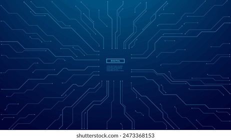 Circuit connected lines on technology blue background. Circuit board. Ai Tech bg. Semiconductor or CPU processor in the center. Computing electronics concept. Abstract digital vector illustration.