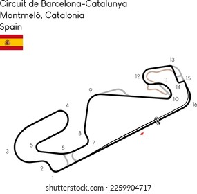 "Circuit de Barcelona-Catalunya" in Montmeló, Catalonia, Spain. Vectorial art circuit with real asphalt limits, turns and turn names. Car racetrack and formula version. Spanish GP.