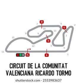 Circuit de la Comunitat Valenciana Ricardo Tormo. Circuit Race Track Illustration with Editable Stroke. Stock Vector.