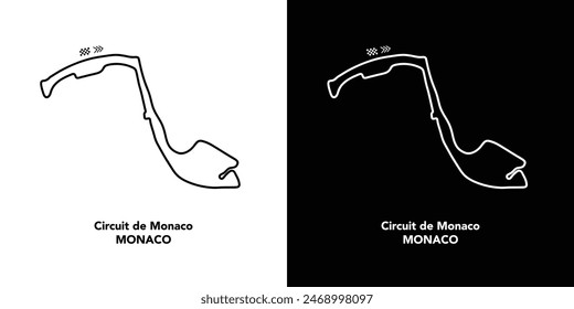 Circuit de Monaco for autosport and motorsport. Isolated editable vector illustration on white and black background