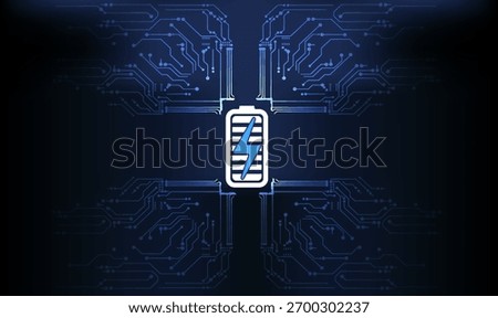 Circuit design featuring a battery icon in a dark blue background with electric patterns highlighting technology and connectivity