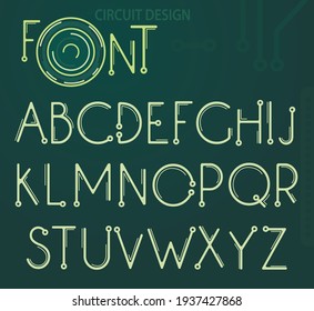 Circuit design font. Stylized electrical circuit board symbols, microelectronics and electrical engineering
