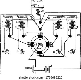 Circuit diagram of a vibrator coil, with its parts labelled, vintage line drawing or engraving illustration.