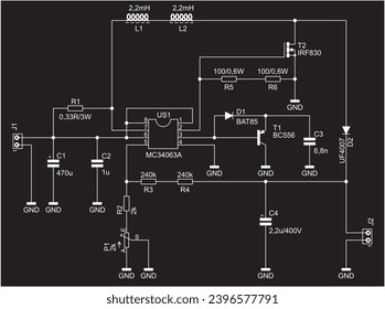 Circuit with
electronic components (transistor, resistor,
diode, capacitor, inductor, ic) 
connected by conductors. Vector diagram of electrical
schematic of electronic device on a black background.