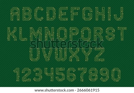 Circuit font. Techno elements alphabet, microcircuits letters and numbers, minimal futuristic typography, digital chip, lines and dots, digital electric scheme symbols, nowaday vector isolated set