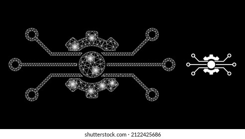 Modelo de engranajes de la malla del circuito con manchas de luz brillante. La constelación iluminada se realiza a partir del icono vectorial de los engranajes de circuito y de la malla triangulada. Circuito de la canal brillante,
