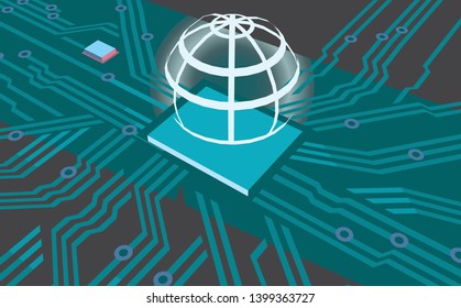 Circuit and globe board background texture, vector illustration
