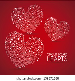 circuit hearts over red background vector illustration