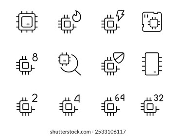 Ícone de circuito, Conjunto de ícones da placa de circuito. Ilustração gráfica vetorial. Adequado para design de site, logotipo, aplicativo, modelo e interface do usuário. Computador chip placa de circuito semicondutores ícone da arte da linha para aplicativos e teias