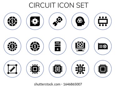 circuit icon set. 15 filled circuit icons. Included Chips, Chip, Cpu, Stem, Intelligence, Artificial intelligence, Transform, Microchip icons